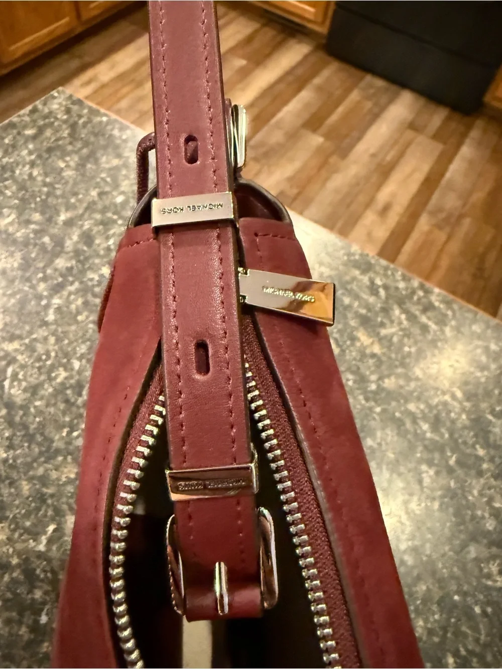 Michael Kors Burgundy Leather Shoulder Bag with Silver MK Charm
